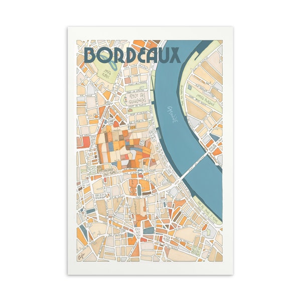 Carte Postale Plan de BORDEAUX Illustration fait main