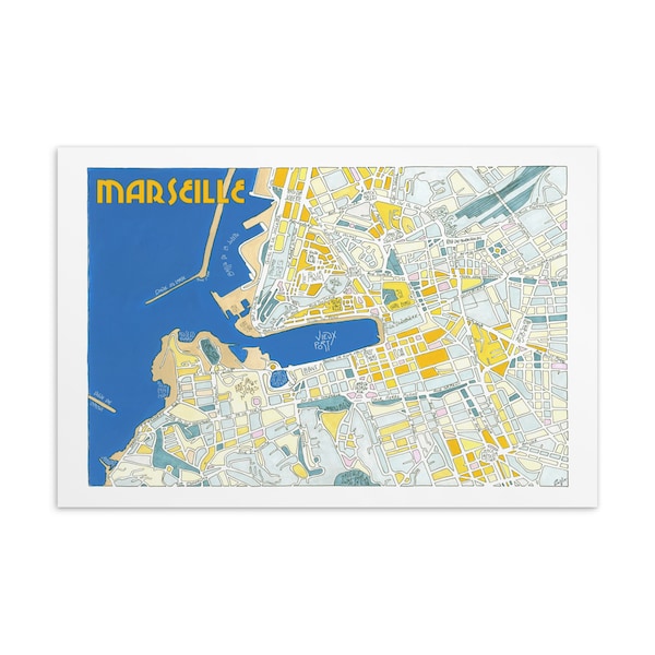 Postcard Map of MARSEILLE, FRANCE Handmade illustration