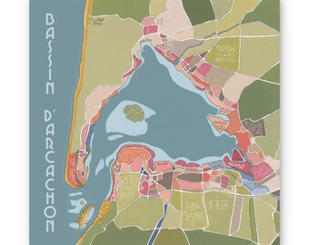 Carte Postale Plan du BASSIN D'ARCACHON Illustration fait main