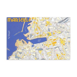 Carte Postale Plan de MARSEILLE Illustration fait main