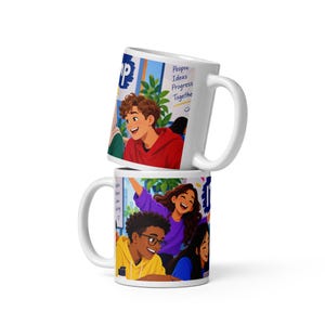 May include: Two white ceramic mugs stacked vertically, featuring a colourful illustration of diverse young people. The design includes text that reads People Ideas Progress Together, with characters wearing red, yellow, and purple clothing.