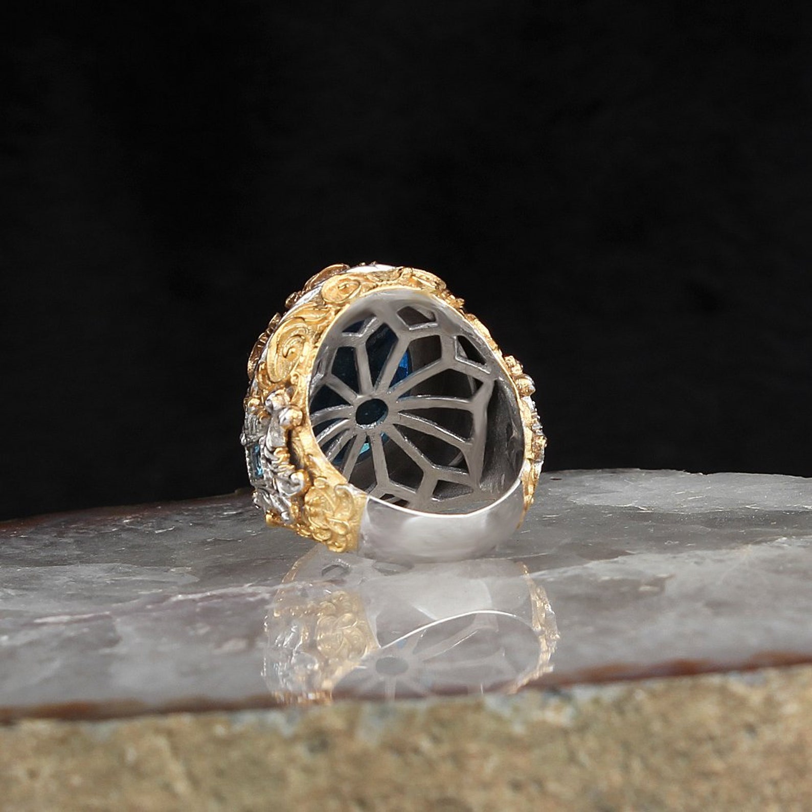 Aquamarine Stone Ringssilver Men Rings 24k Gold Plated Mens - Etsy