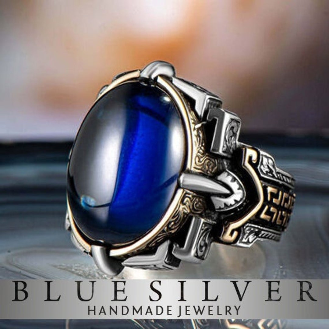 Mens Ring Silver Blue Zircon Ring 925k Handmade Gem Stone Etsy