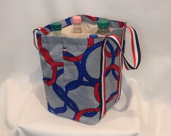 4-bottle tote sheet blue white red circle France, cotton fabrics, practical, compartment of 4 bottles, tricolor strap