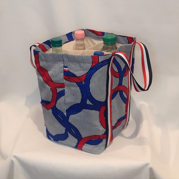 Cabas à 4 Bouteilles feuille cercle bleu blanc rouge France, tissus coton, pratique, compartiment de 4 bouteilles, sangle tricolore