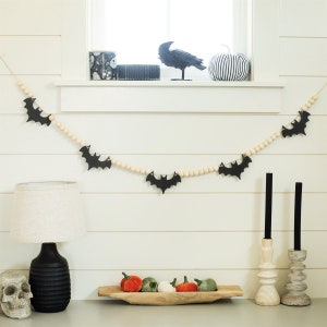 Bat Decorations | Wood Bead Garland | Halloween Mantle Decor