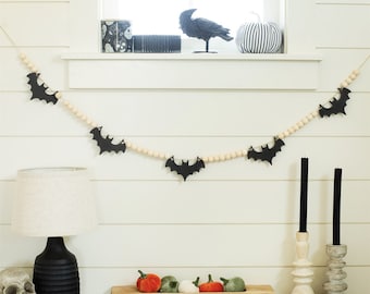 Bat Decorations | Wood Bead Garland | Halloween Mantle Decor