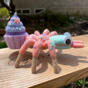 May include: A pink and blue felt spider with a purple and pink cupcake on its back. The spider has googly eyes and is decorated with purple and white dots.
