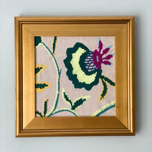 Floral Crewel Embroidery Wall Art: Gold Leaf Frame, Textile Wall Hanging