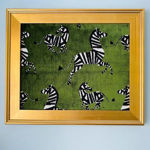 Zebra Fabric Wall Art: Green Velvet Textile, Gold Leaf Frame