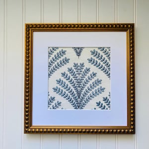 Blue Floral Embroidered Textile Art: Gold Beaded Frame