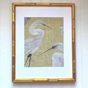 Linen Egret Fabric Wall Art: Yellow with Gold Bamboo Frame, Bird Lover Gift image 1