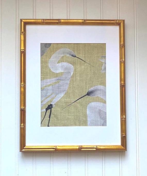 Linen Egret Fabric Wall Art: Yellow with Gold Bamboo Frame, Bird Lover Gift