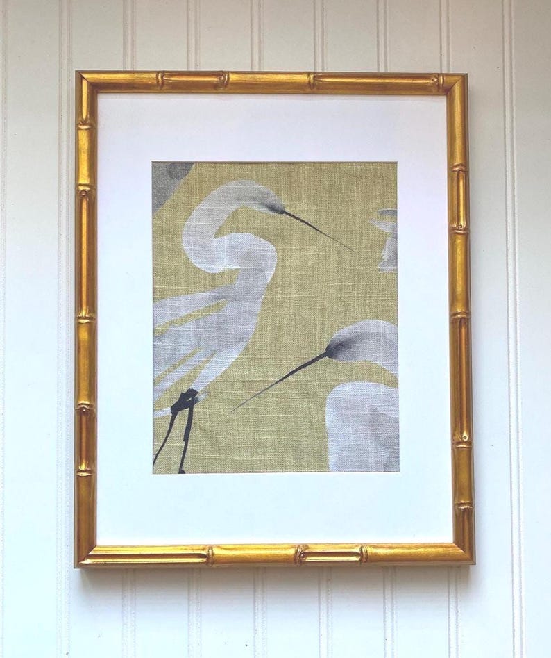 Linen Egret Fabric Wall Art: Yellow with Gold Bamboo Frame, Bird Lover Gift image 1
