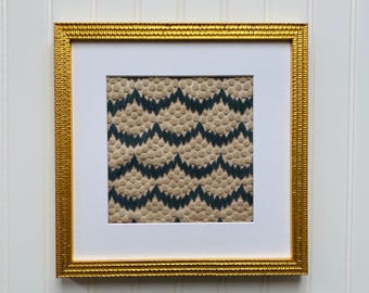 Schumacher Scalloped Fabric Wall Art: Blue Wave Textile Gold Frame
