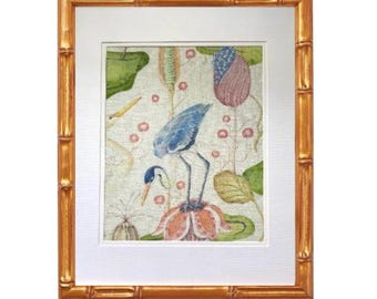 Linen Bird Flock Textile Wall Art - Gold Bamboo Frame, 16x20