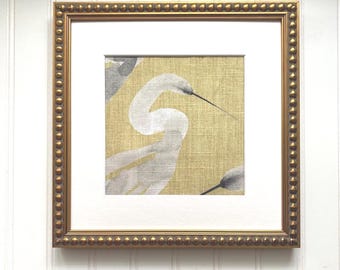 Egret Textile Wall Art: Gold Beaded Frame