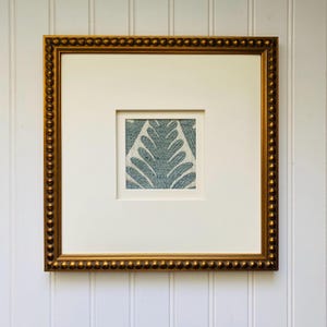 Embroidered Frond Textile Art: Beaded Hardwood Frame, Mineral Blue