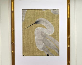 Linen Single Egret Fabric Wall Art: Gold Bamboo Frame, Bird Lover Gift