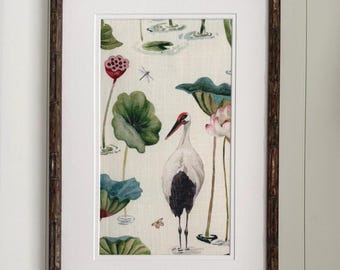 Crane Textile Wall Art #3: Brown Bamboo Frame, Gallery Wall Hanging 12x18