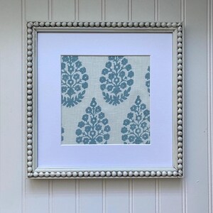 Blue Floral Linen Wall Art: Beaded Frame, Gallery Wall Hanging