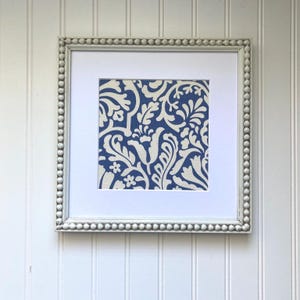 Blue Floral Fabric Wall Art: White Beaded Hardwood Frame 10x10