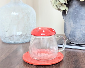 Glass Toadstool Mug with Lid & Coaster | Cottagecore Tea Cup