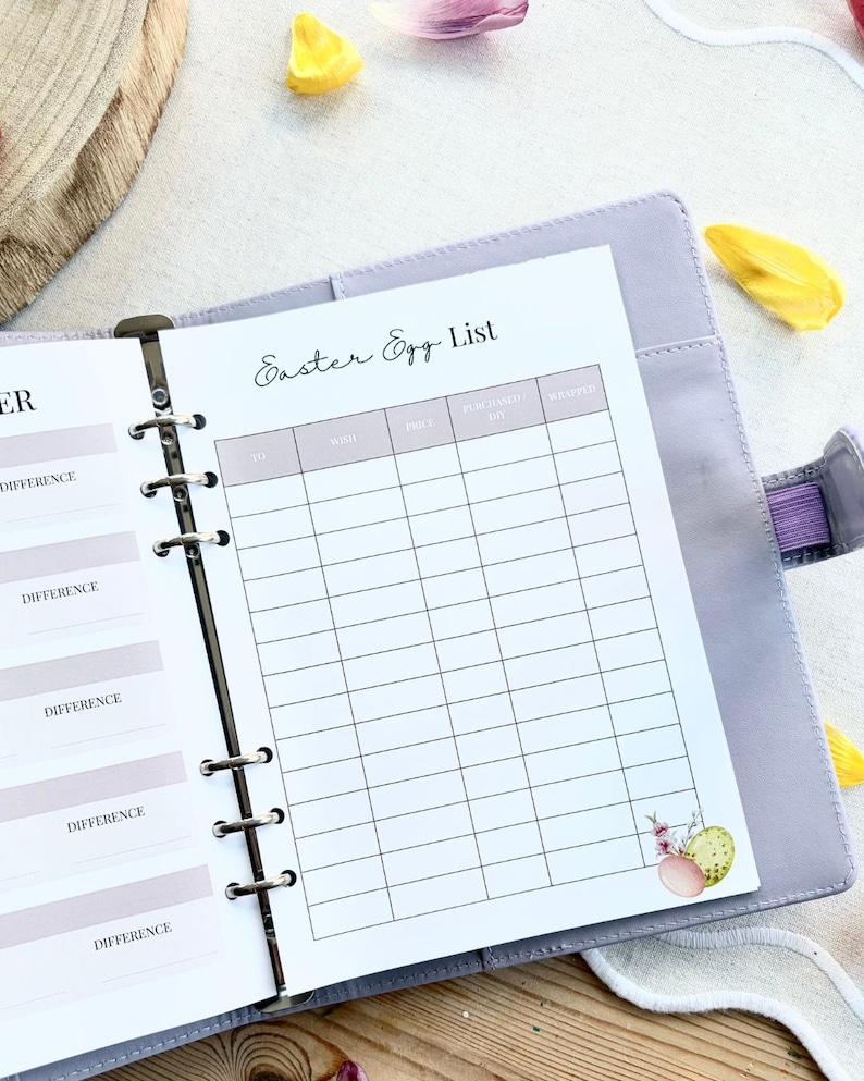 May include: Open planner with a printed "Easter Egg List" page. The page has a grid for tracking details, with headings like "To," "Wish," and "Price." The planner is lavender, with a floral Easter egg illustration in the corner. Yellow and pink flower petals are scattered around.