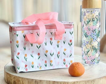 Tulip Print Recycled Plastic Lunch Bag | Insulated Floral Lunch Tote | Eco Friendly Gift for Mum or Teacher
