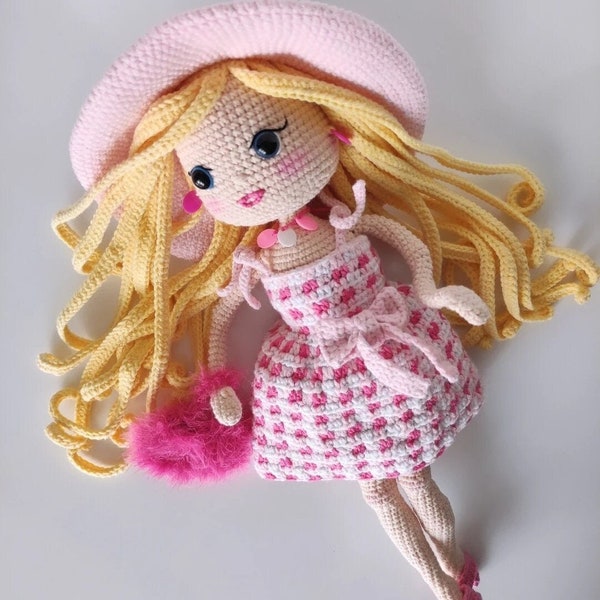 Crochet Pink Princess Doll, Pink Party Doll Dress, Clothes, Gift for Girl, Pink Doll For Sale ,Gift Granddaughter, Gift for Girl