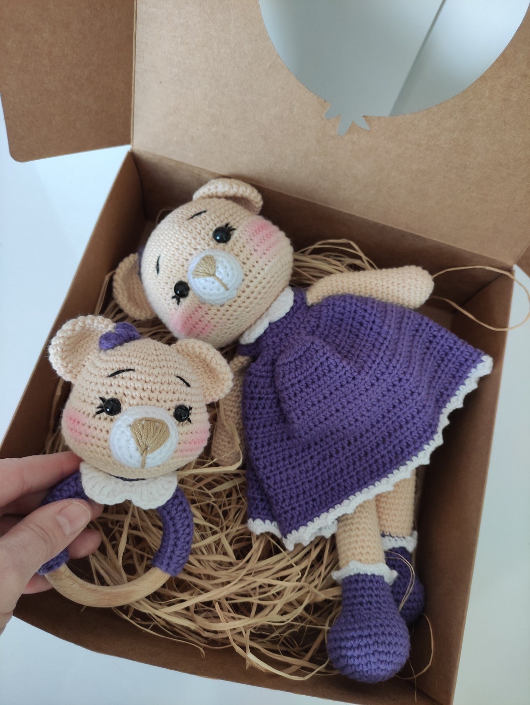 Handmade Crochet Teddy Bear Toy and Rattle Set – Purple Baby Girl Gift ...