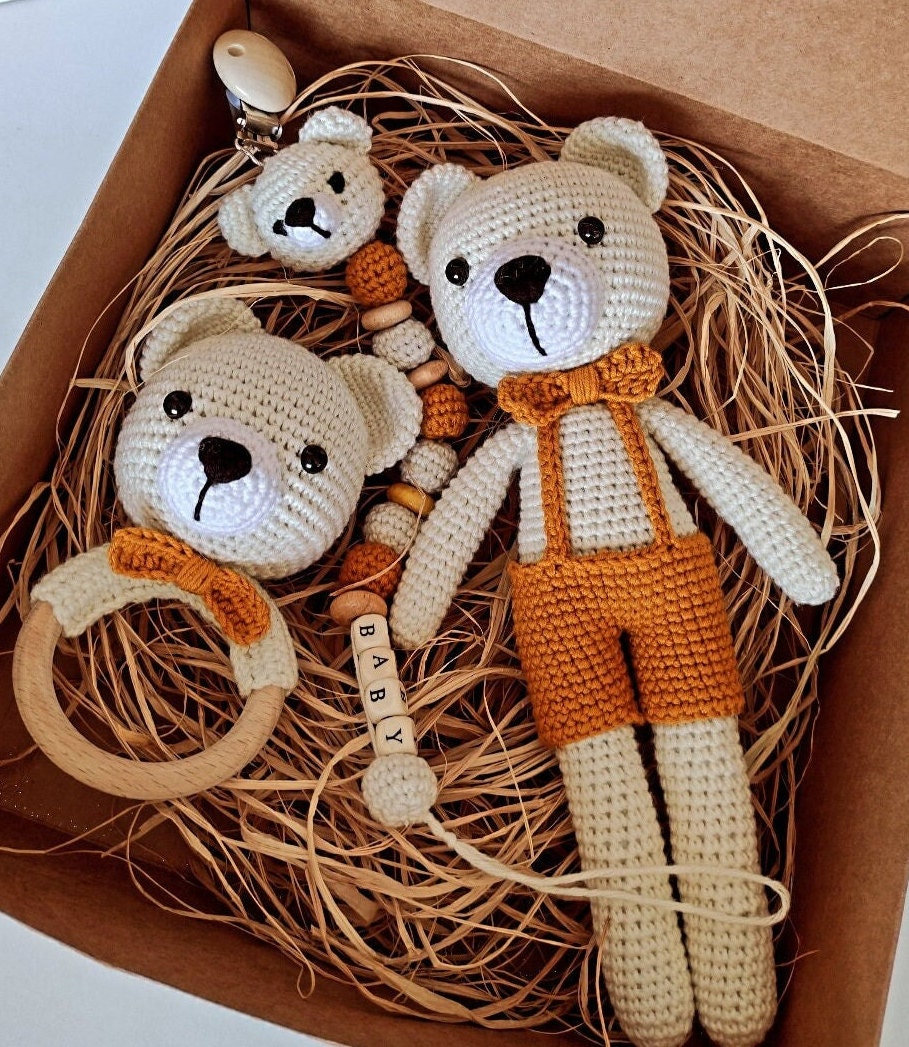 Crochet Teddy Bear Baby Gift Set, Lovey Rattle, Amigurumi Bear - Etsy
