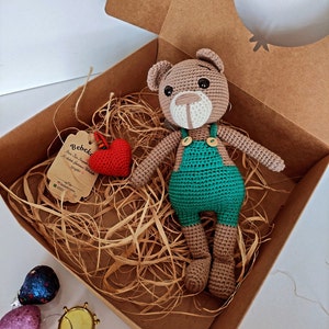 Neugeborenen Baby Jungen Geschenk Set, häkeln Bär Lovey Rassel Set Geschenkbox, Amigurumi Bär Babypartygeschenk, Geschenk für Baby, erstes Spielzeug, neue Mutter Geschenk Green Bear