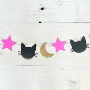 Black Cat Garland, Halloween Banner, Cat Birthday Banner, Celestial Baby Shower, Kitty Birthday Party, Black Cat Banner, Cat Party