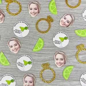 May include: A set of bachelorette party confetti featuring gold glitter ring, lime wedges, and circular confetti with the text "MARGS & MATRIMONY" and "Chelsea's Bachelorette Weekend".