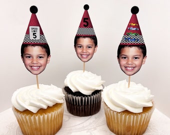 Race Car Cupcake Toppers, Face Cupcake Toppers, Race Car Party Decor, Racing Birthday Cupcake Toppers, Race Car Cake Topper, Face Decor