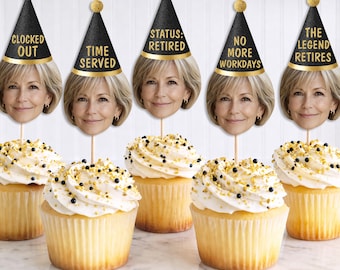 Custom Retirement Photo Cupcake Toppers, Black And Gold Party Decorations