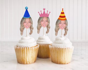 Custom Face Cupcake Toppers, Personalized Cupcake Toppers For Birthday, Custom Head Birthday Hat Cupcake Toppers, Cupcake Toppers Any Age