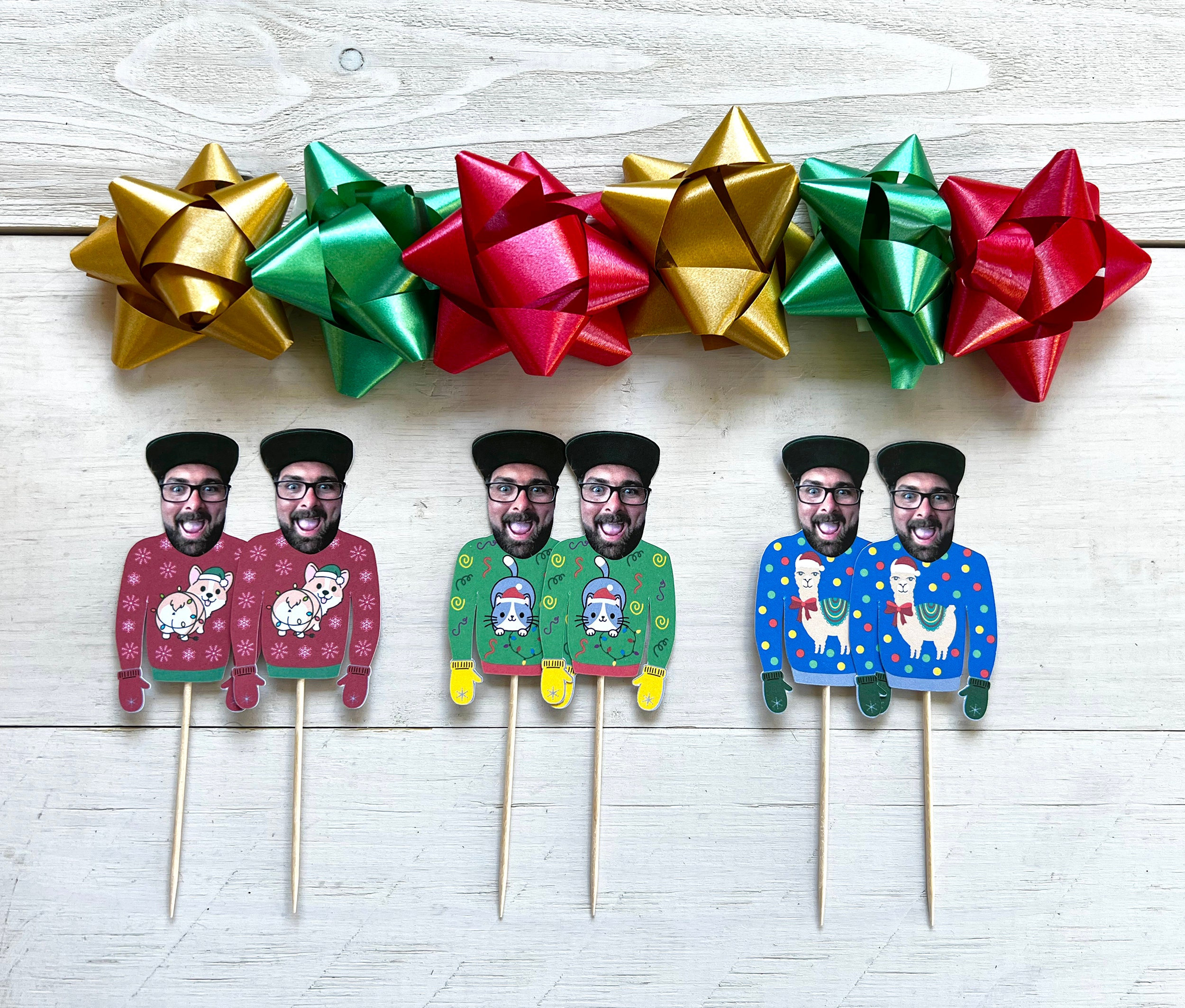 Christmas Cupcake Toppers Christmas Party Cupcake Toppers Ugly Sweater Party Custom Face Cupcake Toppers Holiday Party Decor