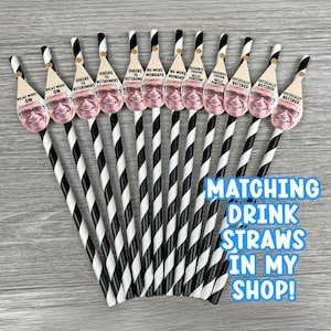 May include: A collection of black and white striped drink straws with personalized toppers. Each topper features a smiling face and a retirement-themed message. The image also includes the text "MATCHING DRINK STRAWS IN MY SHOP!"