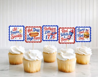 4th Of July Cupcake Toppers, Patriotic Cupcake Toppers, Red White Blue Decor, Independence Day