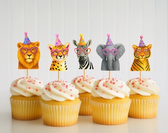 Safari Animal Cupcake Toppers, Jungle Party Decorations, Wild One Birthday, Zoo Themed Cupcake Toppers