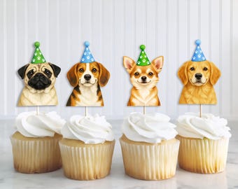 Puppy Party Cupcake Toppers, Cute Dog Birthday Cupcake Toppers