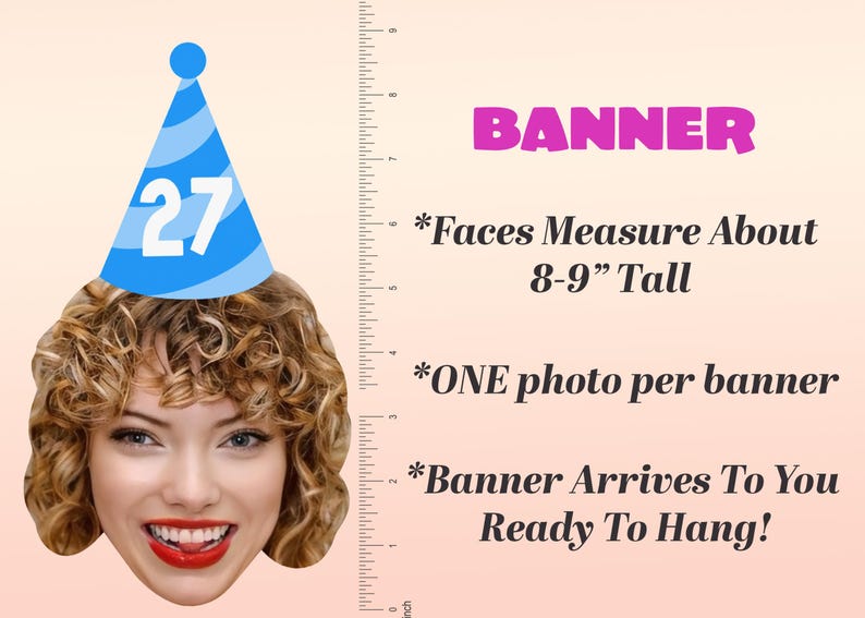 May include: A banner with a woman's face wearing a blue party hat with the number 27. The banner text reads "BANNER". Additional text states faces measure about 8-9 inches tall, one photo per banner, and ready to hang.