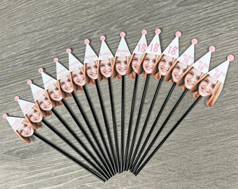 18th Birthday Face Drink Stirrers, Custom Pink Birthday Girl Decor, Personalized Photo Cocktail Sticks