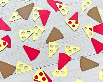 May include: Assortment of paper pizza slice confetti in red, yellow, and brown. The confetti is cut in the shape of a pizza slice with holes for pepperoni or cheese.