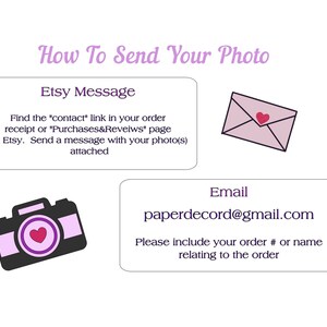 May include: How to send your photo to a seller on Etsy.  Find the "contact" link in your order receipt or "Purchases & Reviews" page on Etsy. Send a message with your photo(s) attached. You can also email paperdecord@gmail.com and include your order number or name relating to the order.