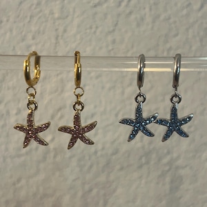 Sea Star Hoop Earrings , Dainty Huggie Earrings , Ocean Inspired Jewelry , Starfish Dangle Earrings