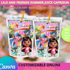 Lilo and Friends Summer Birthday Party - Juice Caprisun. Editable in CANVA