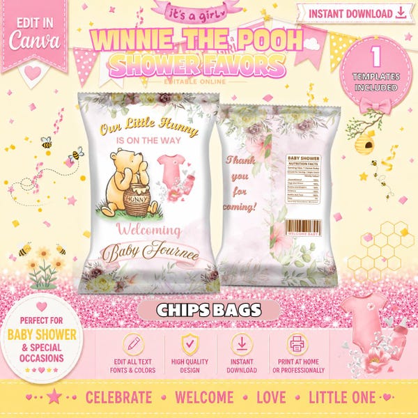 Winnie Pooh roze zakjes met babyshowerchips. BEWERKBAAR OP CANVA